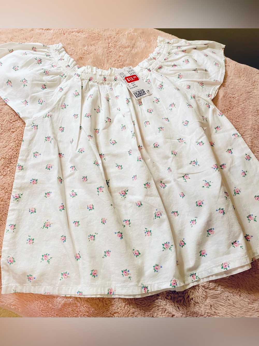 H&M Girl 9-10 White Floral Blouse with Pink and Green Accents